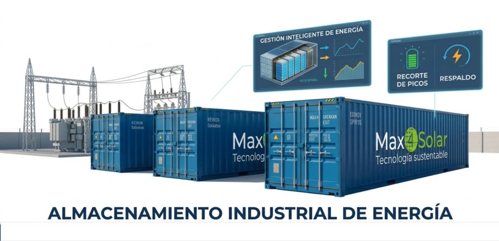 Sistemas de almacenamiento de energía con baterías de litio industrial de Max4Solar, garantizando continuidad operativa ante cortes de red en México.