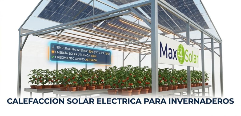 Sistemas fotovoltaicos integrados en techos de invernaderos industriales por Max4Solar, combinando producción agrícola y energía limpia.
